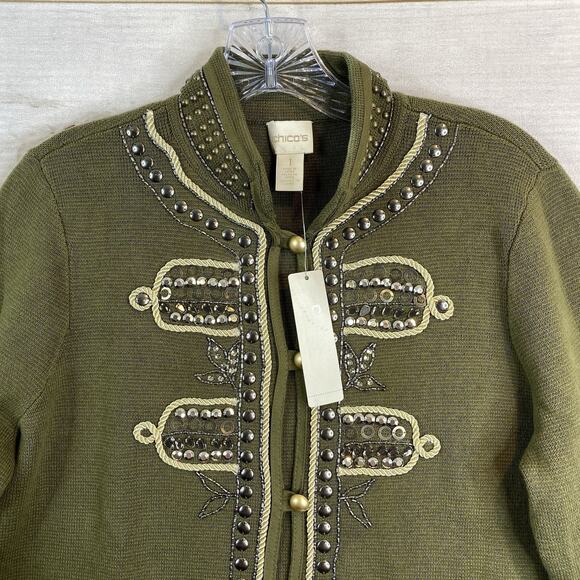 Chicos Sz 1 M 8/10 Cardigan Sweater Studded Beaded Button Up Olive Green NWT - Picture 2 of 13